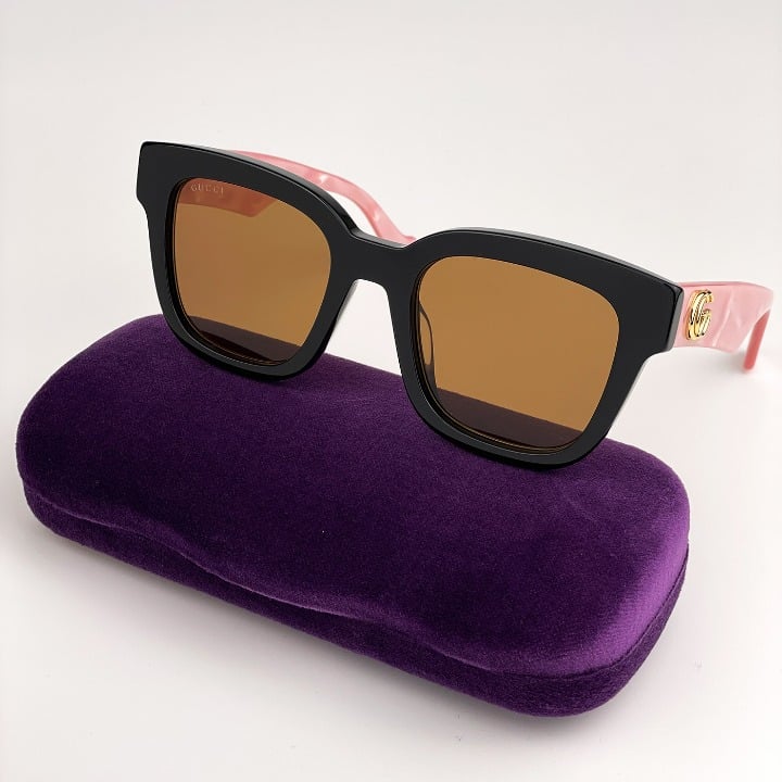 NEW Gucci GG0998S 005 Black/Pink Pearl Temples Brown Square Women Sunglasses