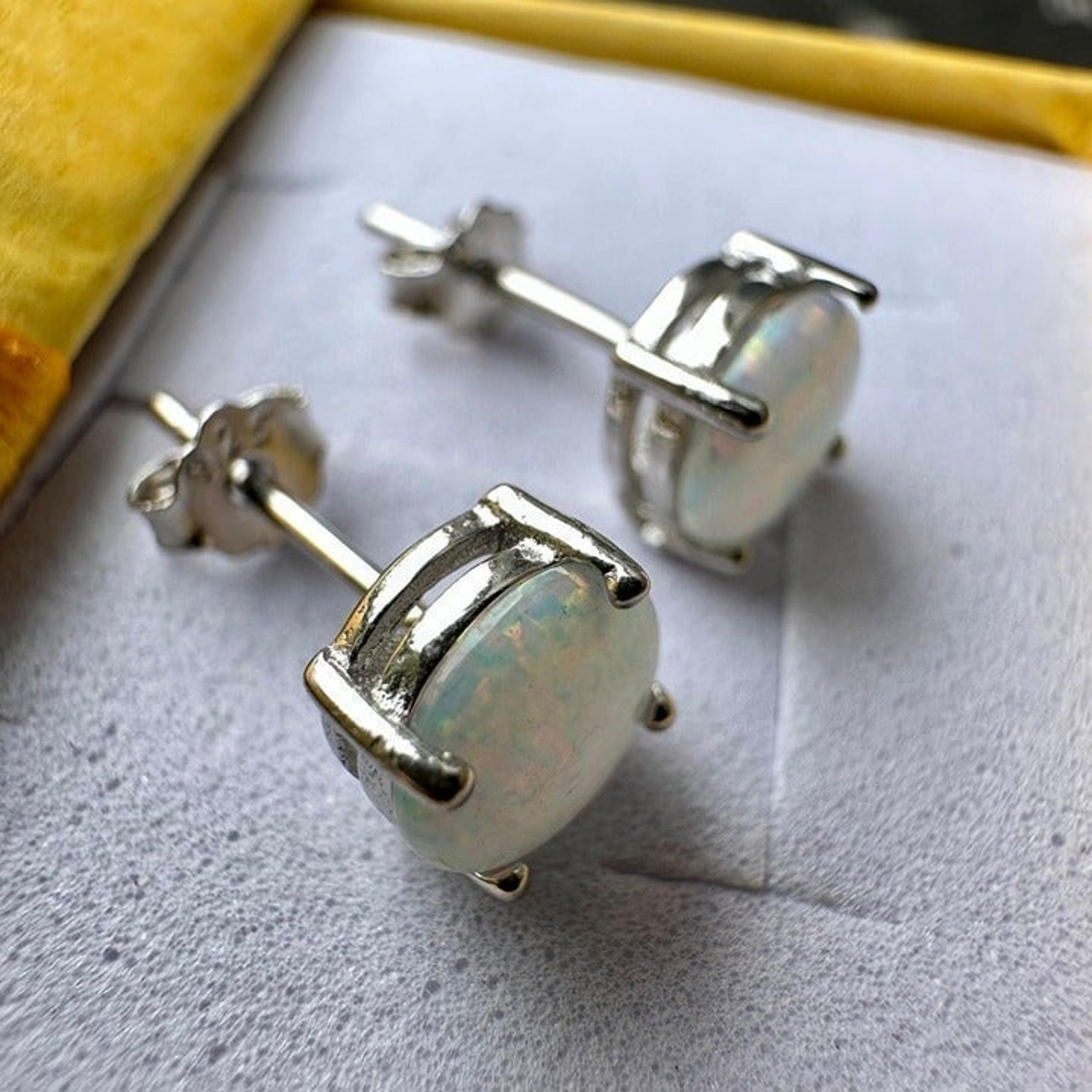 White Fire Opal 925 Sterling Silver Stud Earrings for Women