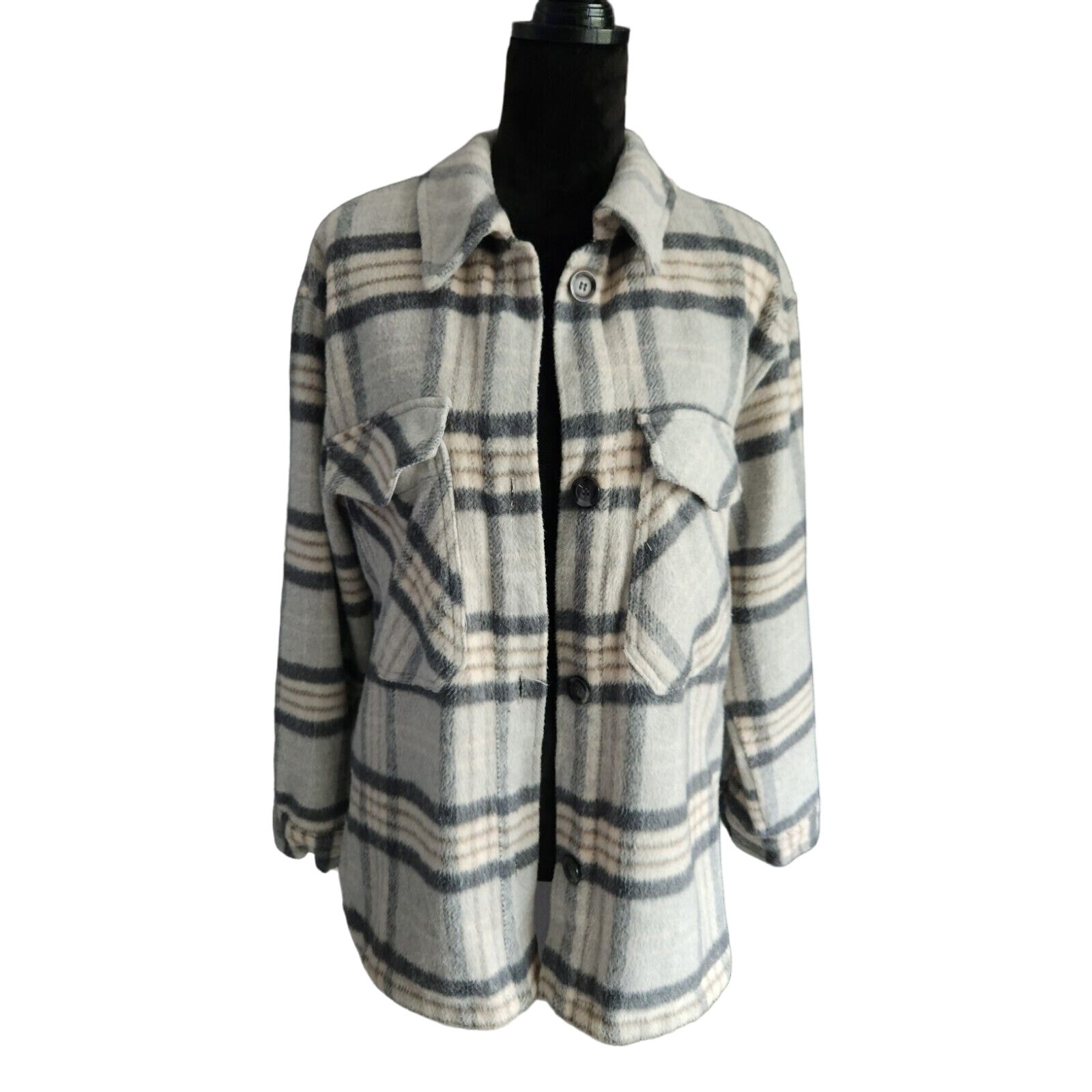 Ashley outerwear gray plaid fleece jacket size medium