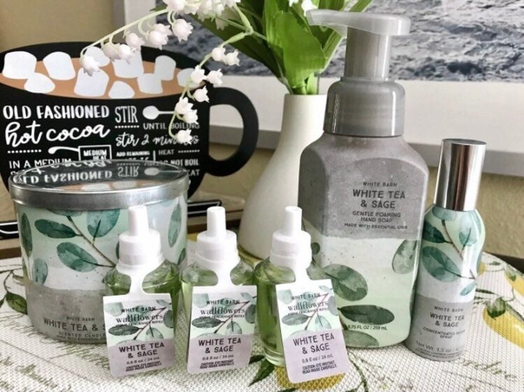 BBW wallflower refills white tea & sage, candle and hand soap