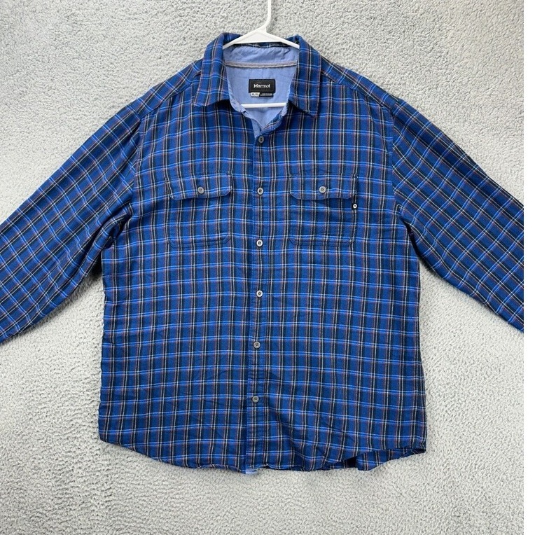Marmot Shirt Adult XL Blue Plaid Flannel Button Down Long Sleeve Pockets Mens