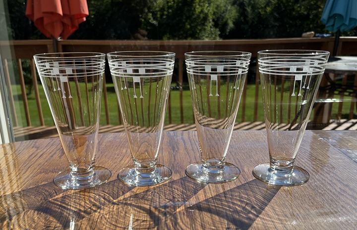 Set of 4 Clear Footed Tea Tumbler Glasses W/ Etched Geo Shapes, 10 oz.
