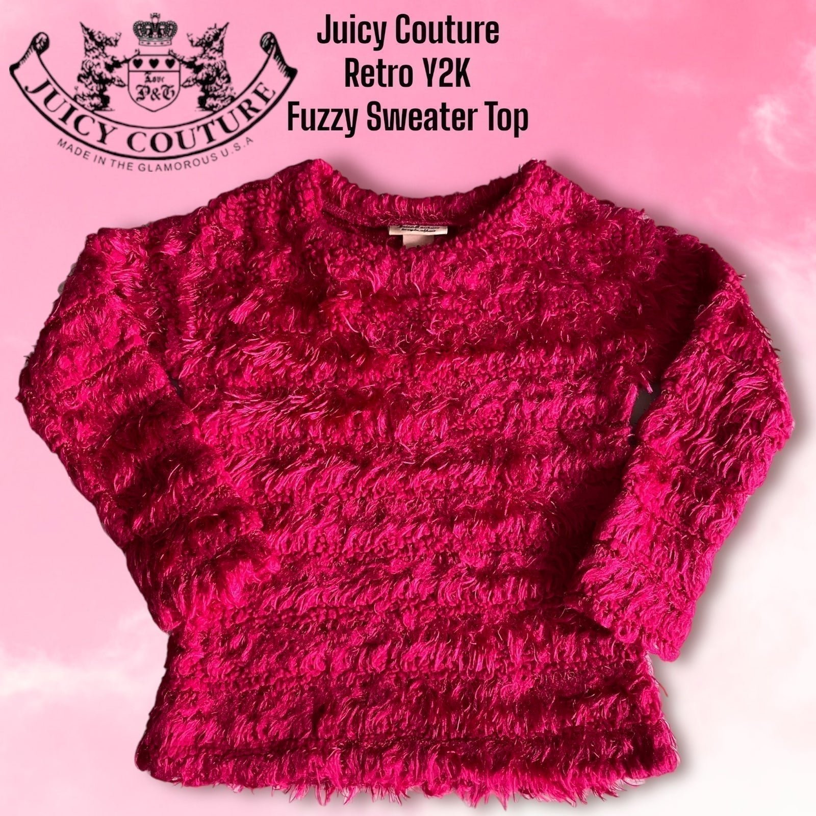 Juicy Couture Retro Y2K Fuzzy Pink Sweater Top in Hot Pink Baby T Style
