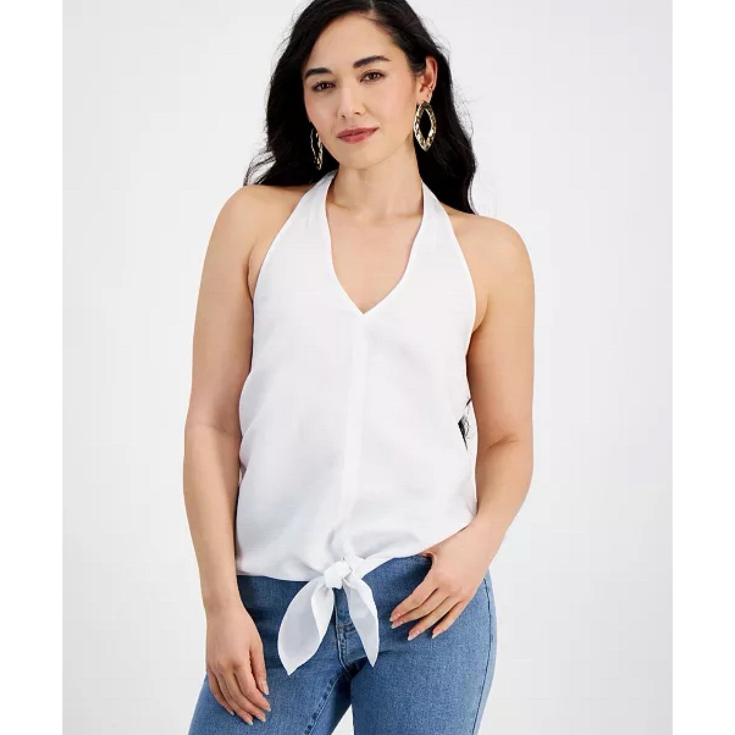 INC Linen Halter Top Women Sz M/L 8/10 Tie Front White Blouse Shirt Open Back