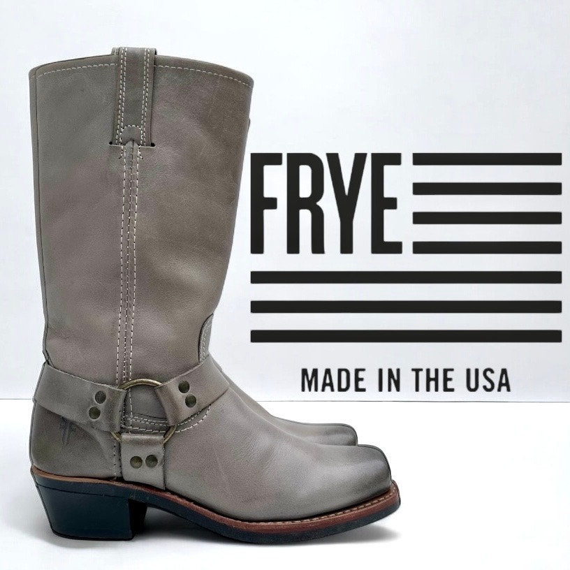Frye 12r Harness Motorcycle Biker Boots Gray Slate Leather Square Toe