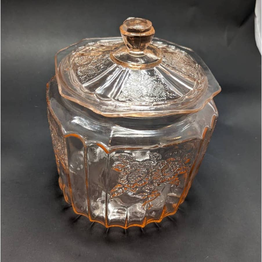 Anchor Hocking Pink Depression Glass Mayfair Open Rose Cookie / Biscuit Jar