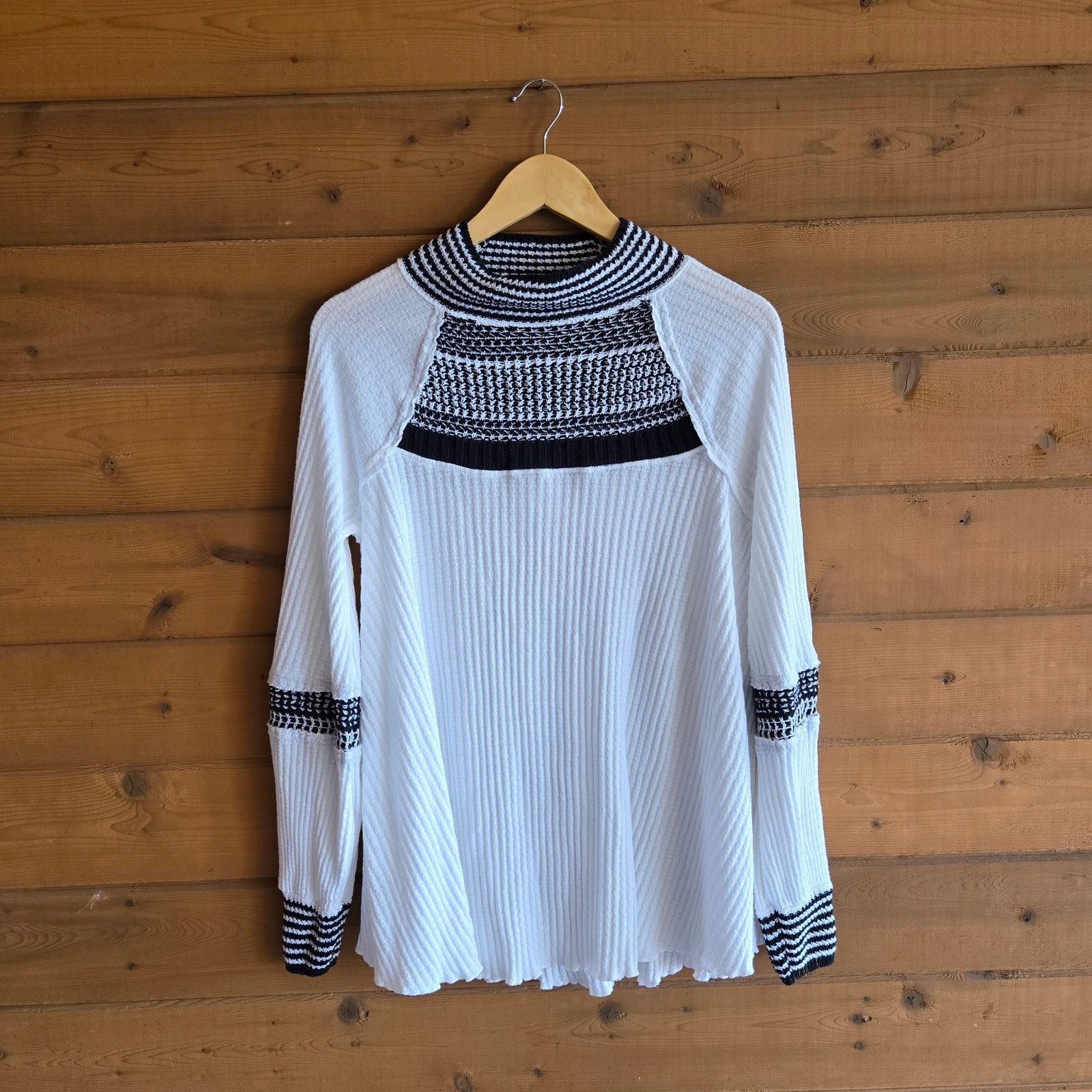 Free People Snow Day Thermal Top White Combo Medium Turtleneck Boho Slouchy