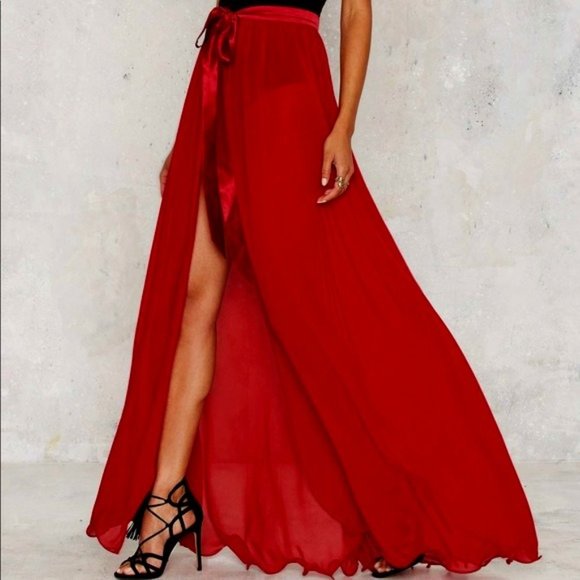 HOT ITEM Lioness Chiffon Maxi Skirt in Red