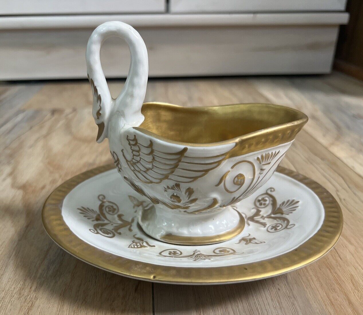 Barat - Limoges France - Ivory & Gold - Hand Painted Porcelain Swan Gravy Boat