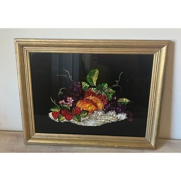 Superb Antique Folk Art Tinsel Foil Reverse Artwork Fruit bowl Gold Framed 12x15