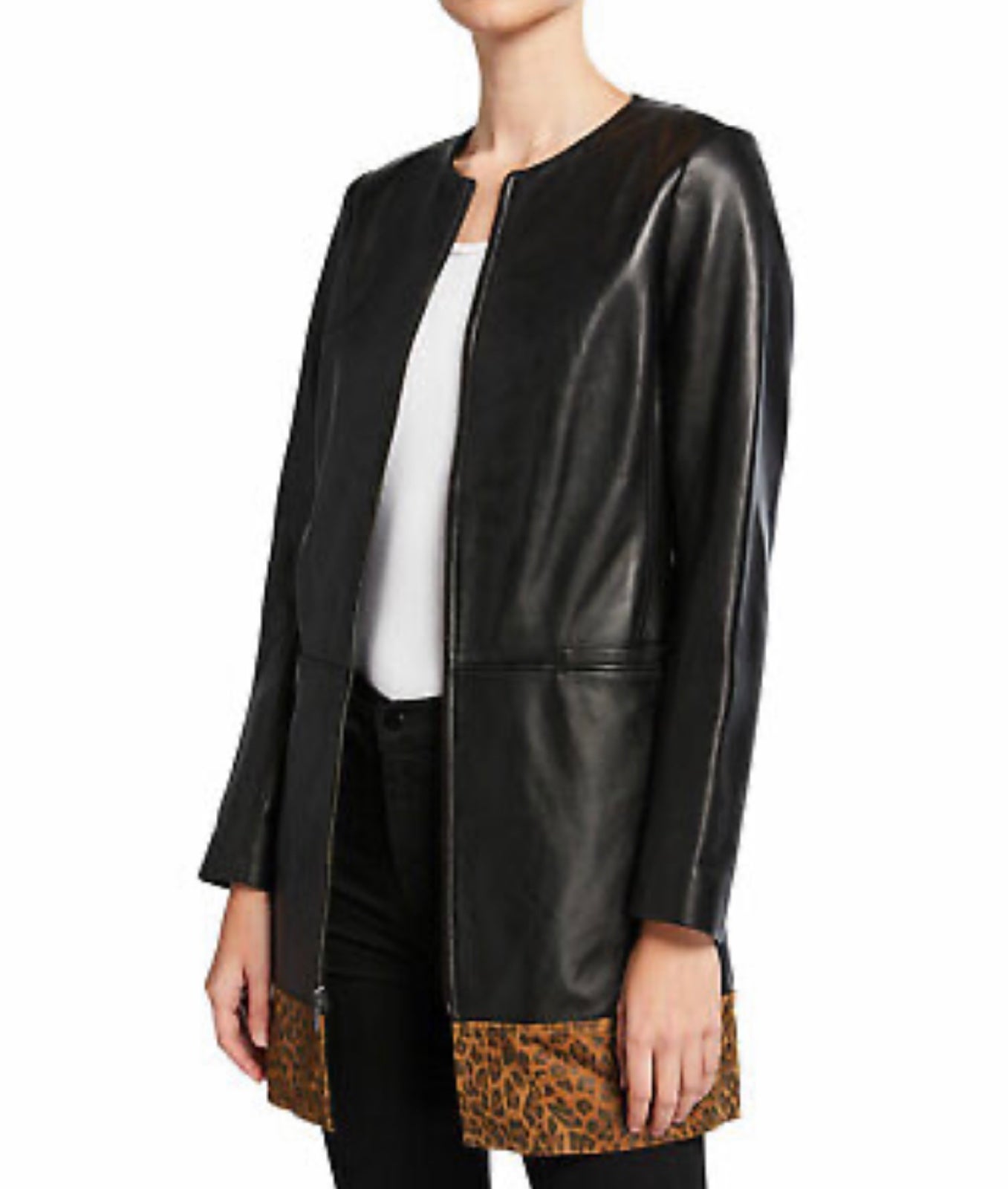 Neiman Marcus Leather Collection Black Leopard Trimmed Jacket MSRP 375 1X NWT
