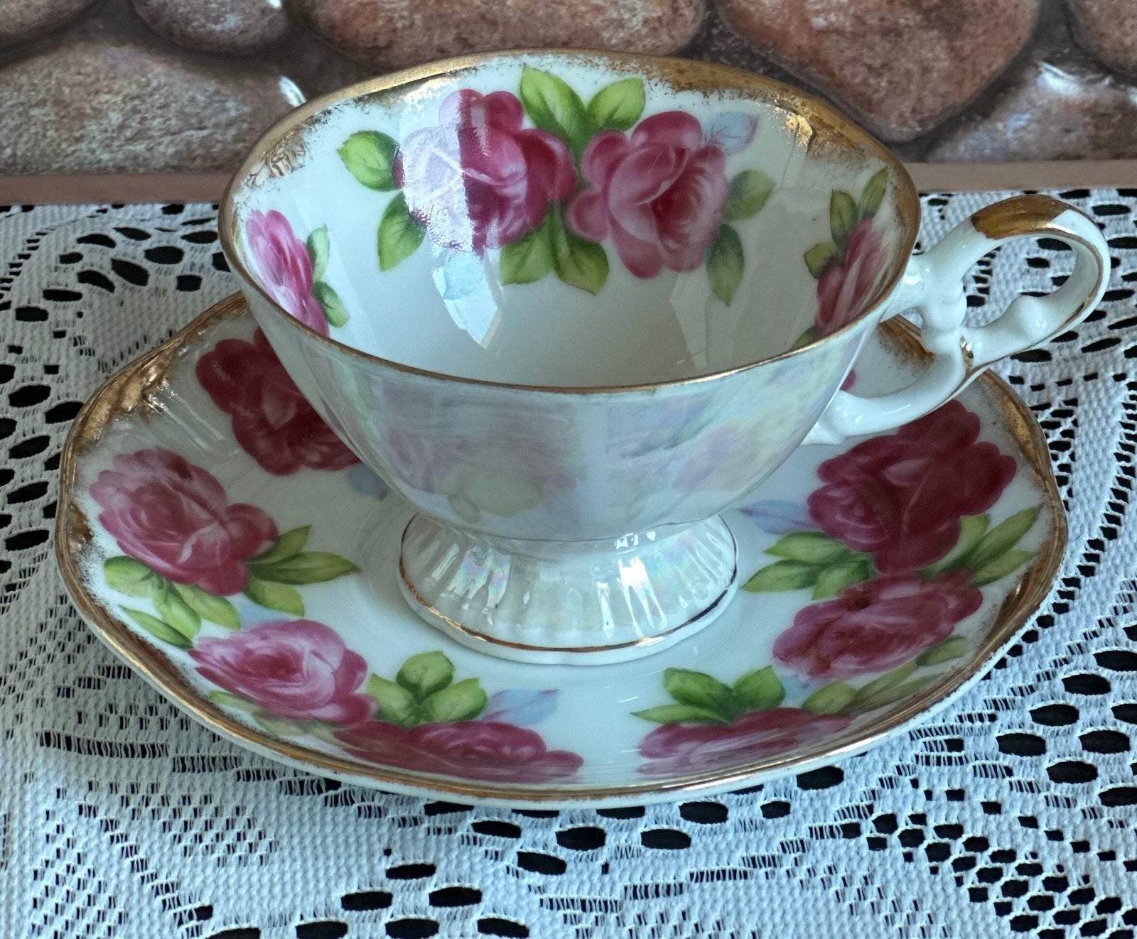 Antique Tea Cup and Saucer with Hand Painted Roses, Japan.