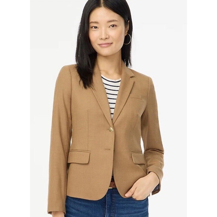 J Crew Blazer Camel Beige Wool Schoolboy Preppy Gold Buttons Women's Size 10