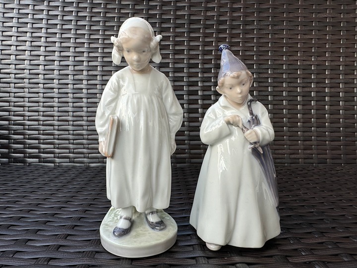RARE Pair of ROYAL COPENHAGEN Figurines:Girl w/book,Sandman Boy w/ Umbrella Mint