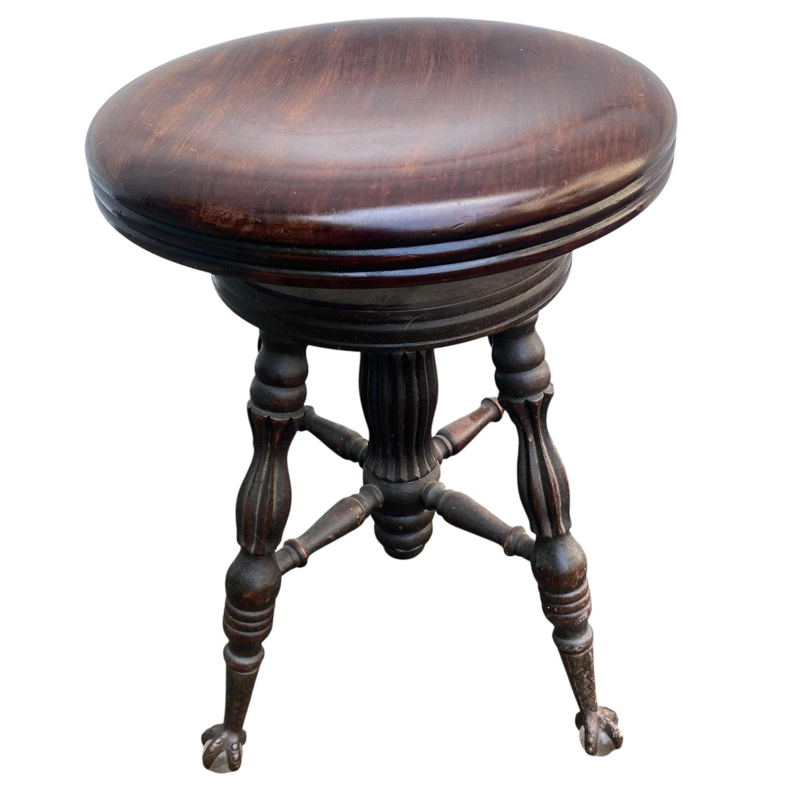 Antique Piano Stool Dark Brown Swivel Seat Eagle Claw Glass Ball Footed