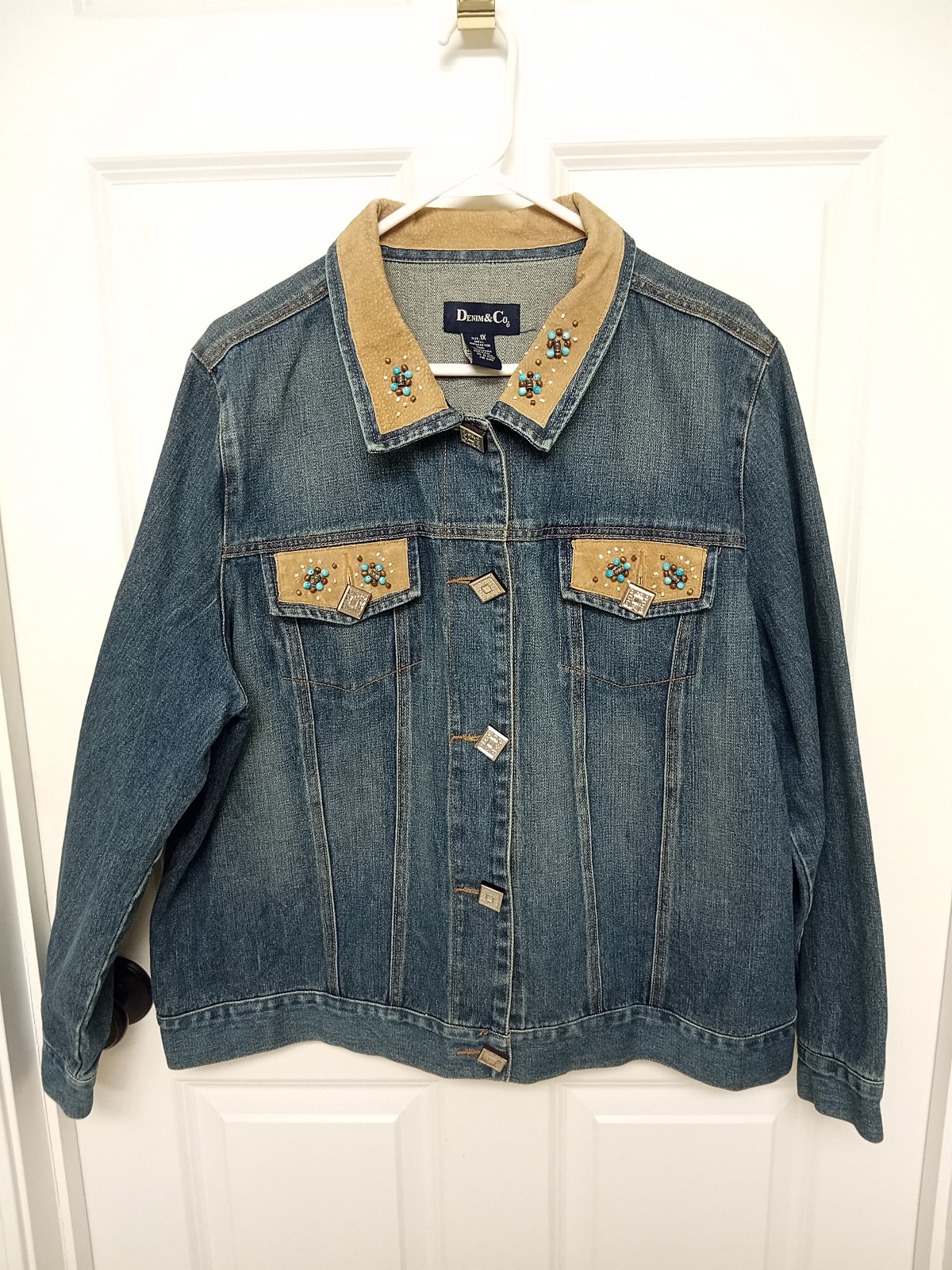 Denim & Co Country Jean Jacket with Leather Fringe and Turquoise Beads Size 1x