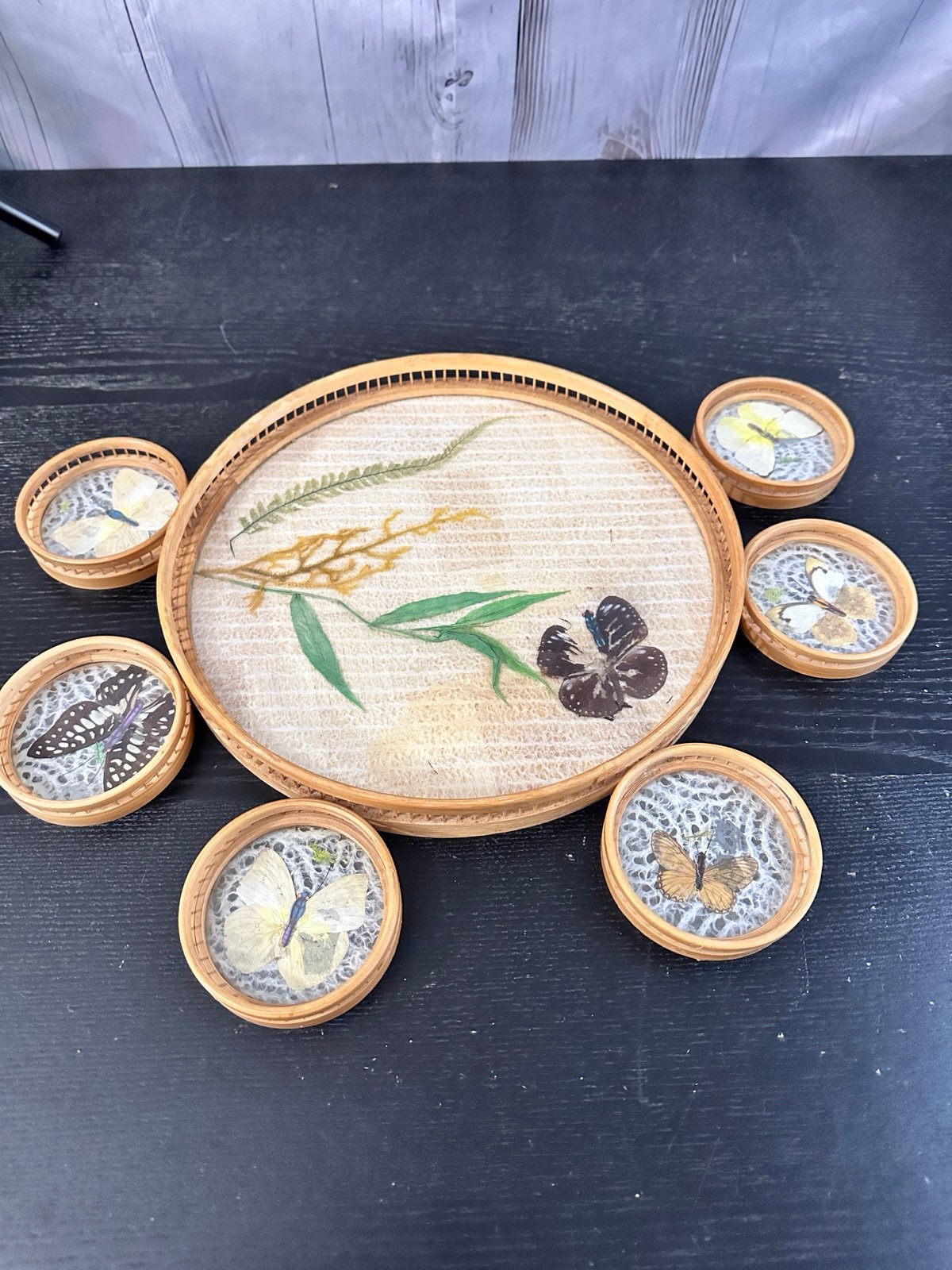 Vintage 1970s Bamboo & Wicker Butterfly Tray and Coaster Set - 7 PC Serving Set
