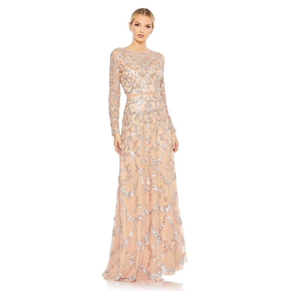 Size 16 Mac Duggal 5496 NWT EMBELLISHED ILLUSION HIGH NECK LONG SLEEVE A LINE G