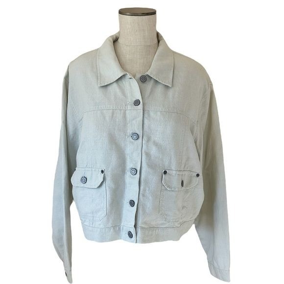 J. Jill Womens Tencel Irish Linen Button Up Jacket Size L Petite Willow Green