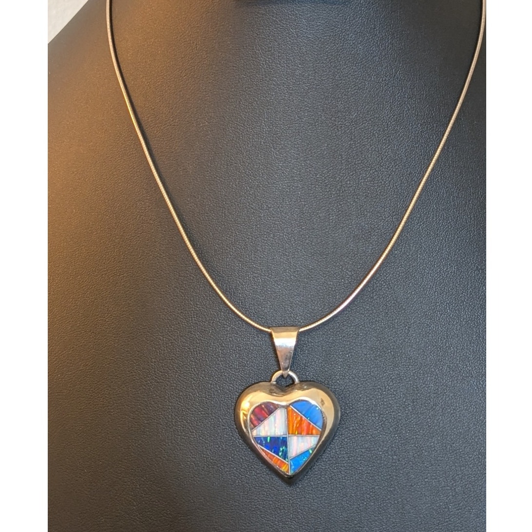 Vintage Mexico 925 Multi-Color Opal Inlay Heart Pendant 925 18 Cable Necklace