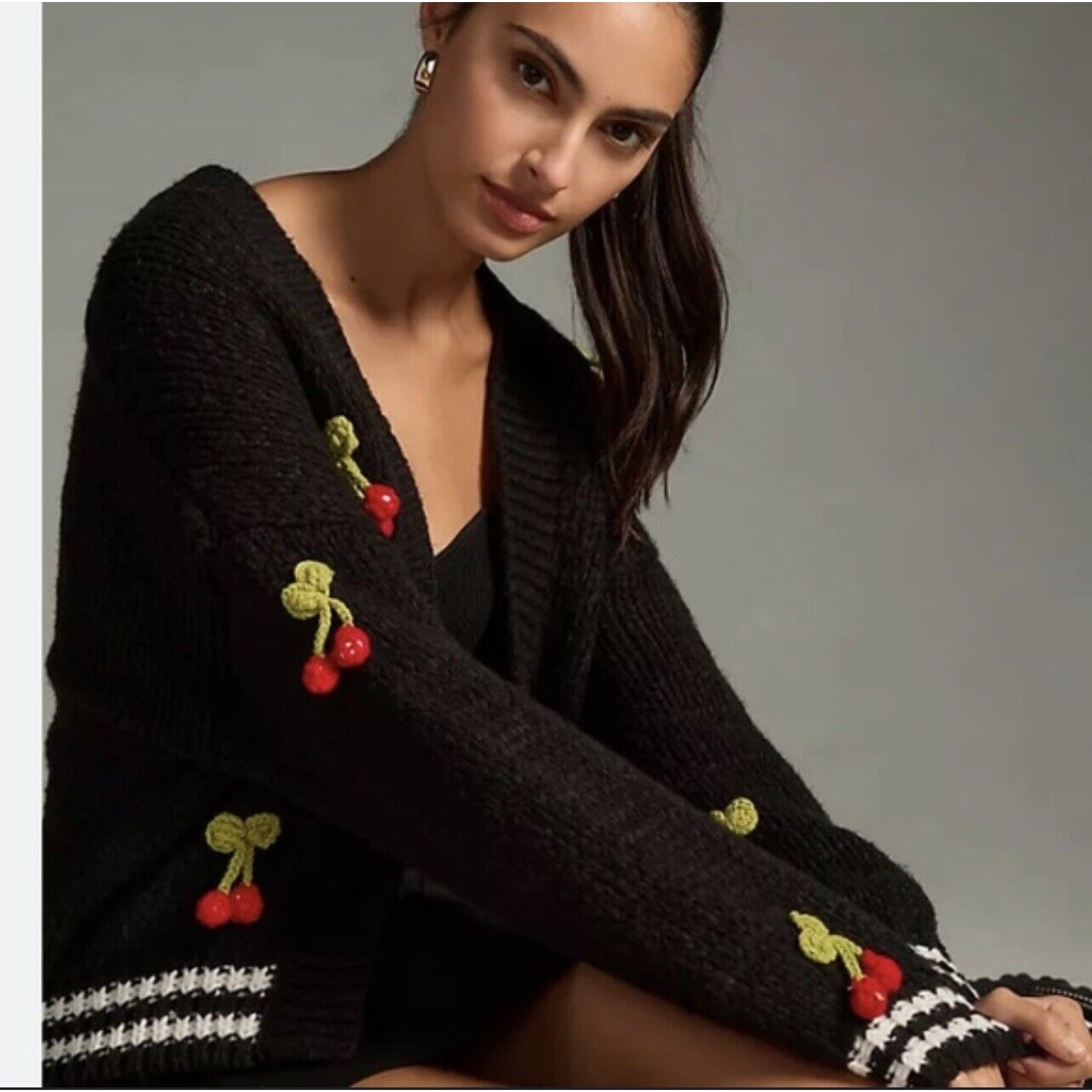 Anthropologie Maeve 3D Cherry Print Varsity Knit Cardigan Sweater One Size