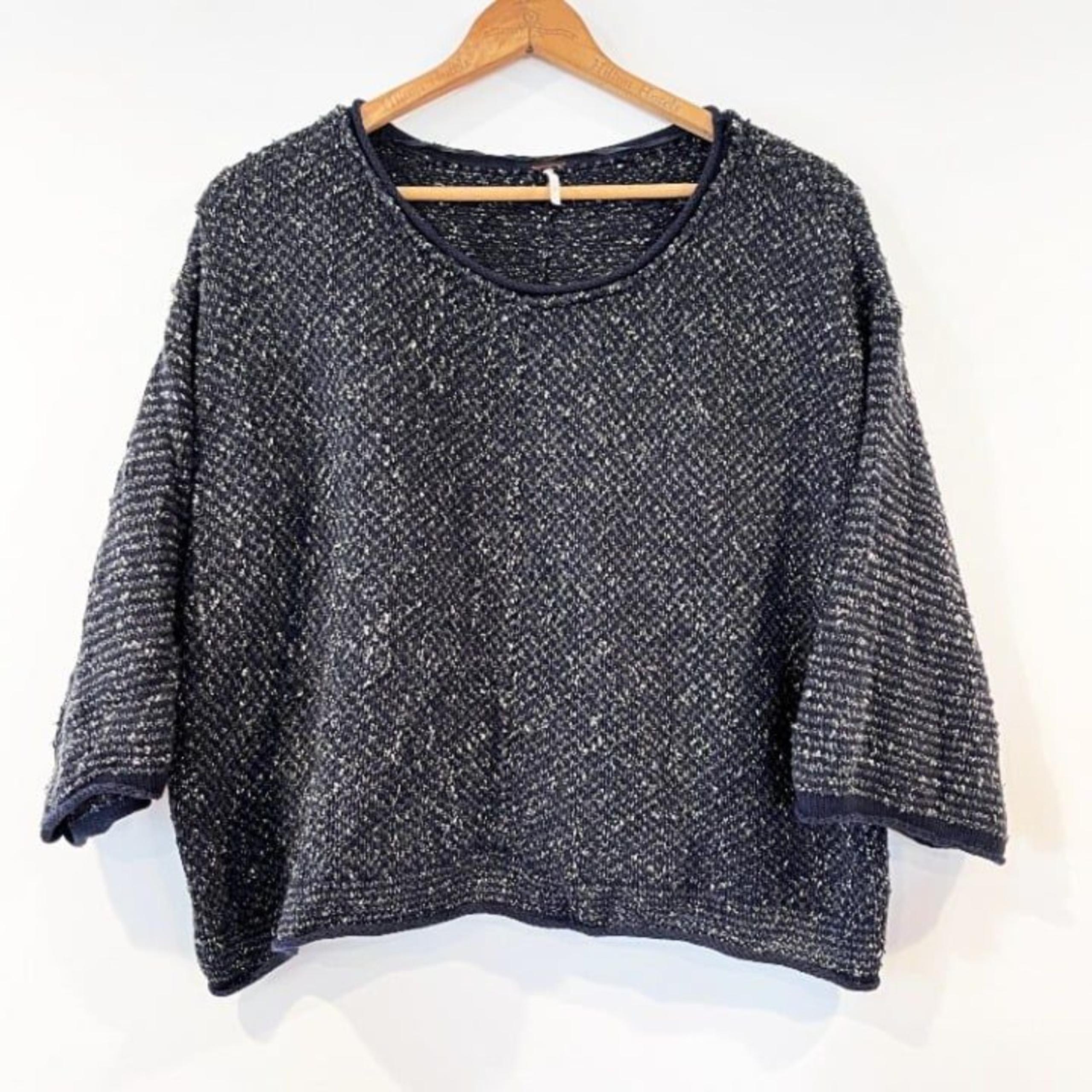 Free People Navy Blue Tweed Boucle Pullover Sweater Boxy Large Textured