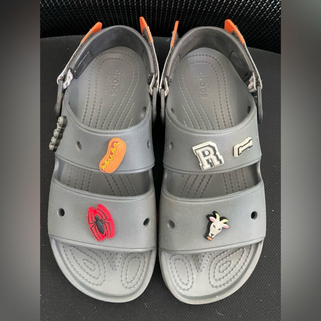 Crocs Unisex Classic All-Terrain Slide Sandal Grey Orange Velcro Back Sz 10