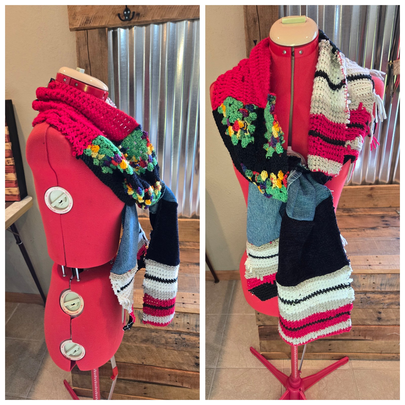 Upcycled knit patch winter Scarf handmade denim