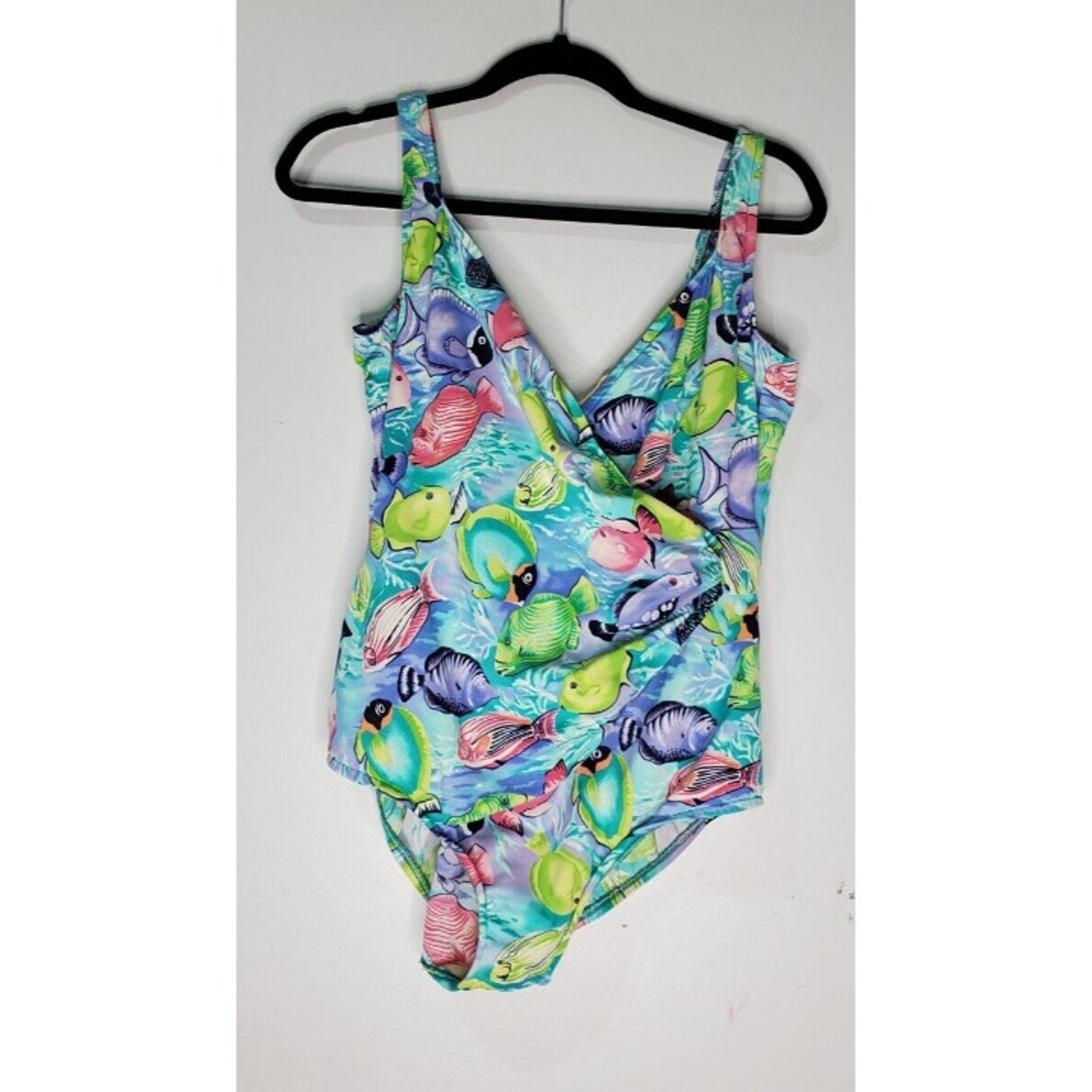 Vintage Diane Von Furstenberg Size 18 Color Authority One Piece Blue Green Fish