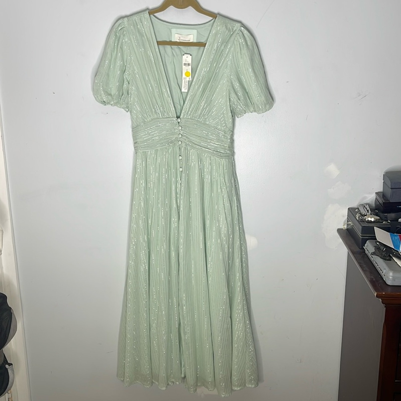ANTHROPOLOGIE Mint and Metallic Striped A Line Button Puff Sleeve Dress Size 8