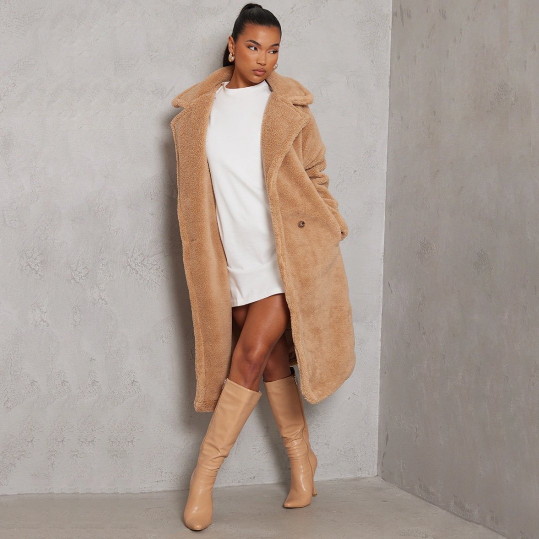 PrettyLittleThing Camel Teddy Bear Borg Coat