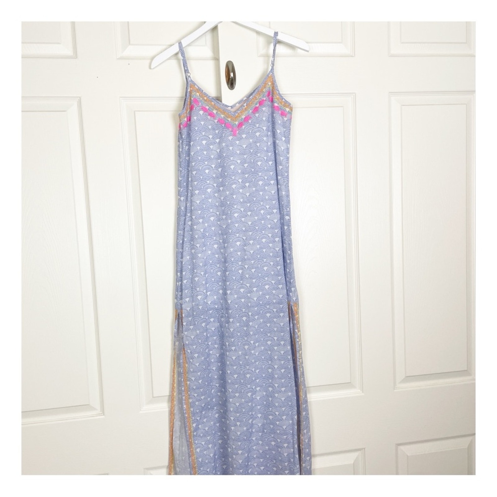 Tori Richard Embroidered Rainbow Print Maxi Slip Dress