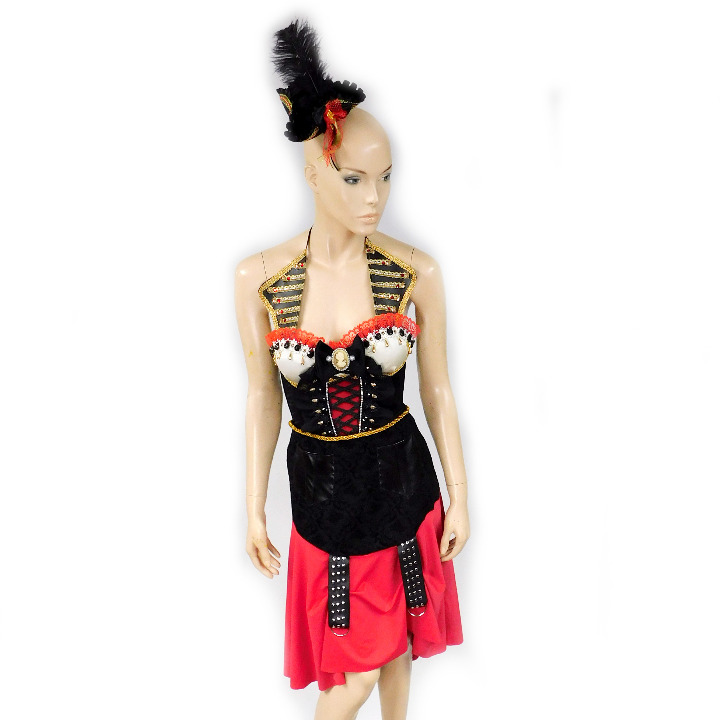 Black Red Gold Beaded Lace Pirate Corset Skirt and Hat