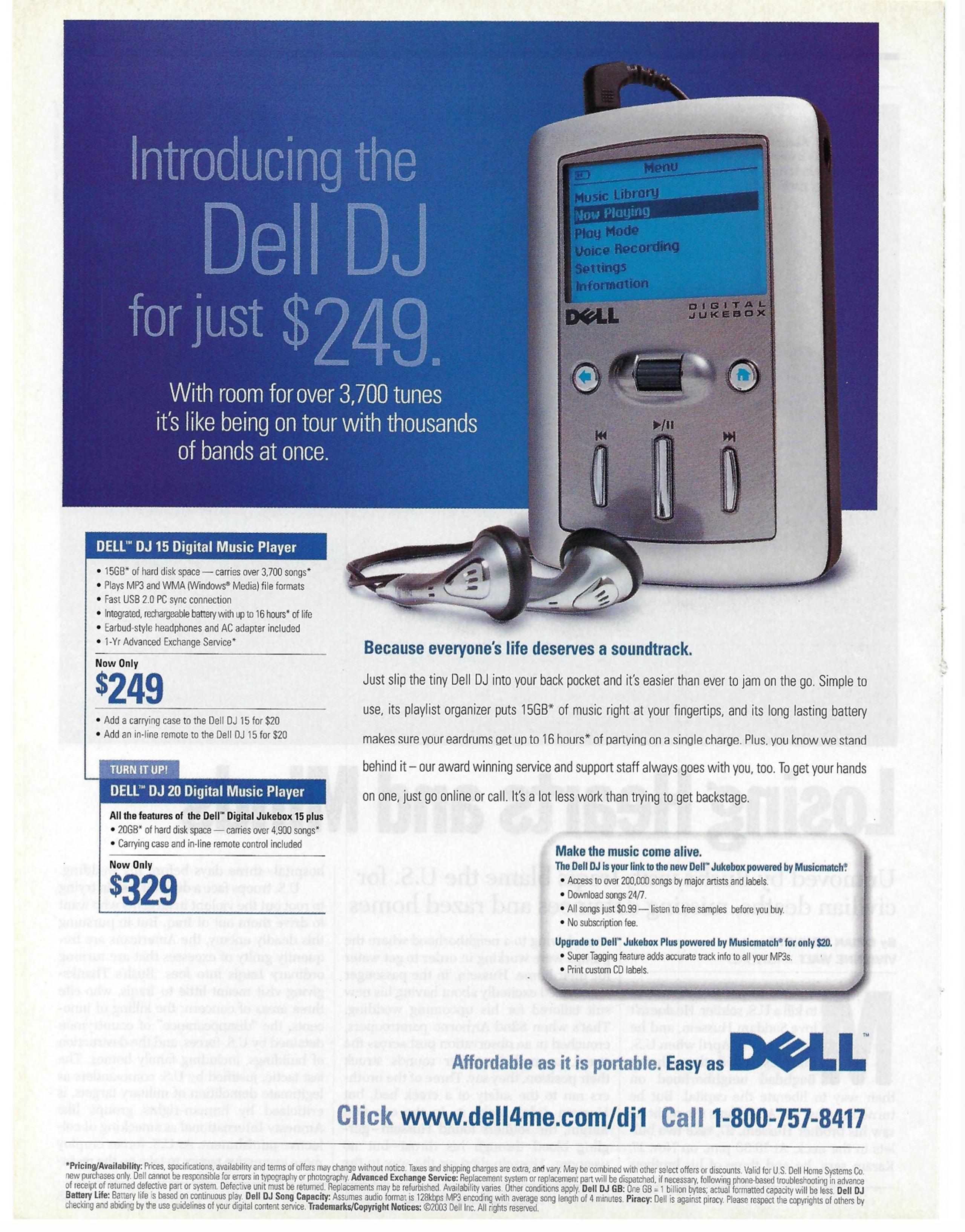 2003 Dell DJ 15/20 Digital Music MP3 Player Vintage Magazine Print Ad/Poster