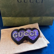 Gucci resin/crystal double heart hair clip barrette in purple and tortoiseshell