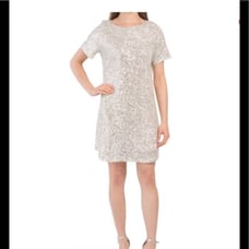 NEW 7 for All Mankind Short Sleeve Sequin Glitter Mini Dress Beige Silver Size S
