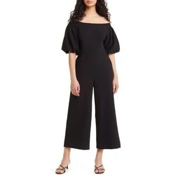 Chalse28 Plus Size Off the Shoulder Puff Sleeve Cross Jumpsuit, Black, XL