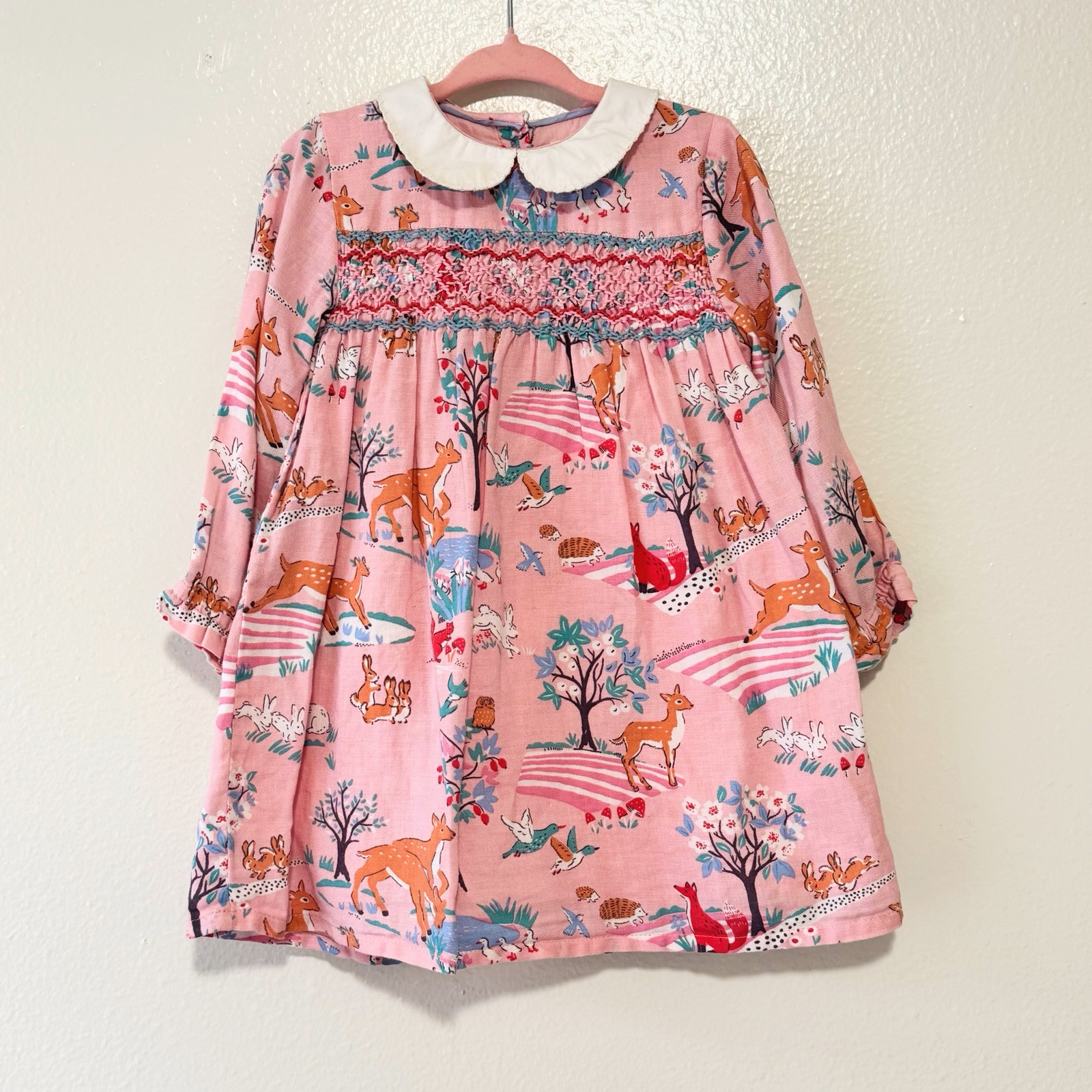 Mini boden smocked woodland creature fox dear pink dress 18-24m