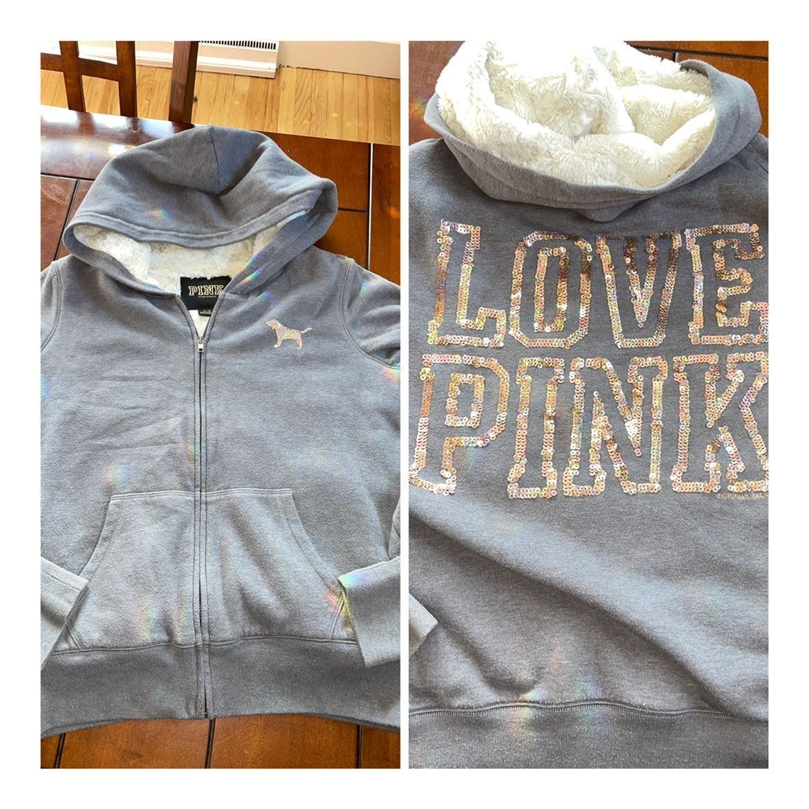 VS PINK fur lined zip up bling sequin hoodie S