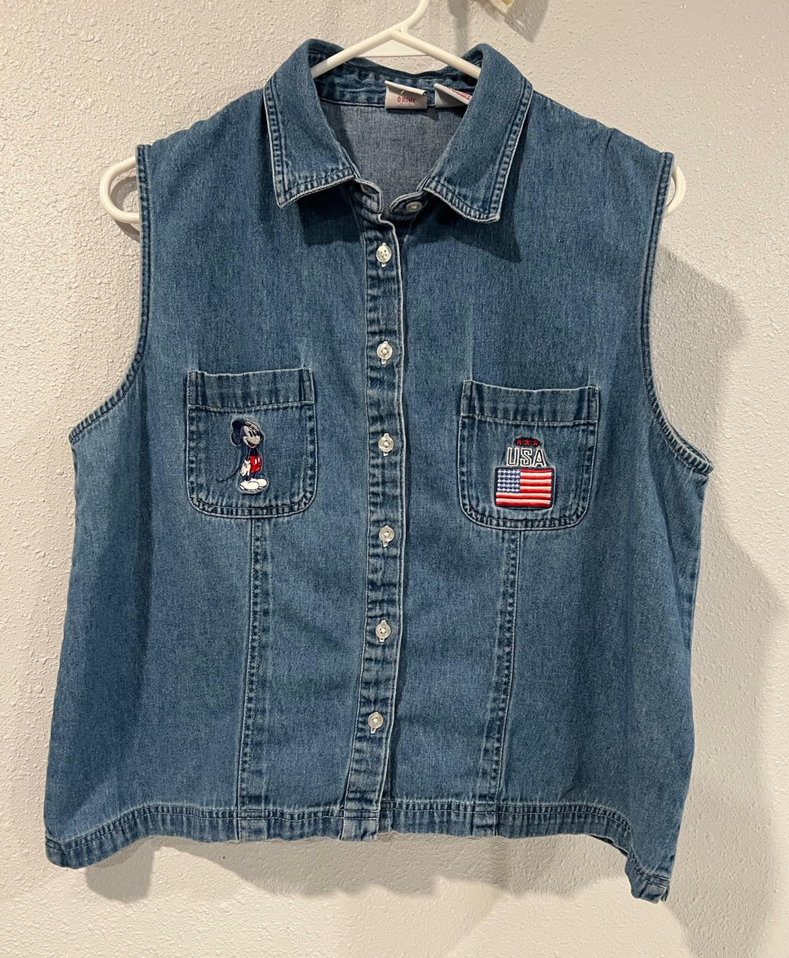 Vintage DISNEY Mickey MOUSE Denim Vest Womens XL USA Sleeveless Embroidered