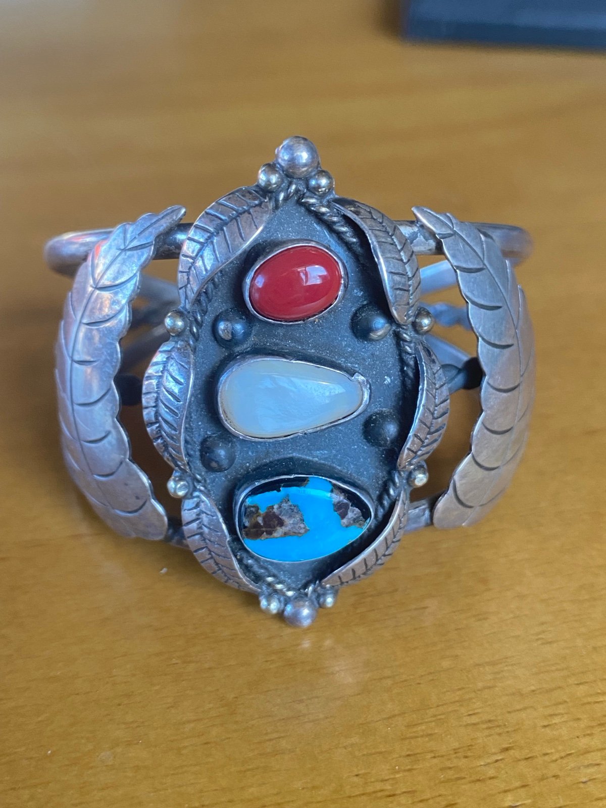 Vintage Navajo Cuff Turquoise Coral Mother Of Pearl Sterling Silver 925 6.5 30g
