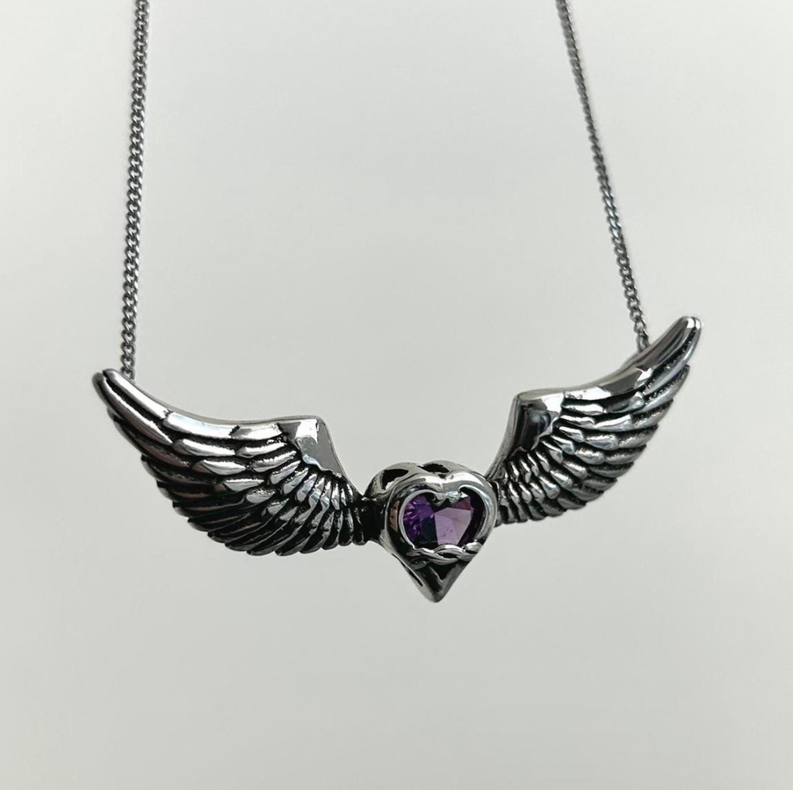 Stainless steel angel wing pendant with Purple Heart zircon Y2K handmade gothic