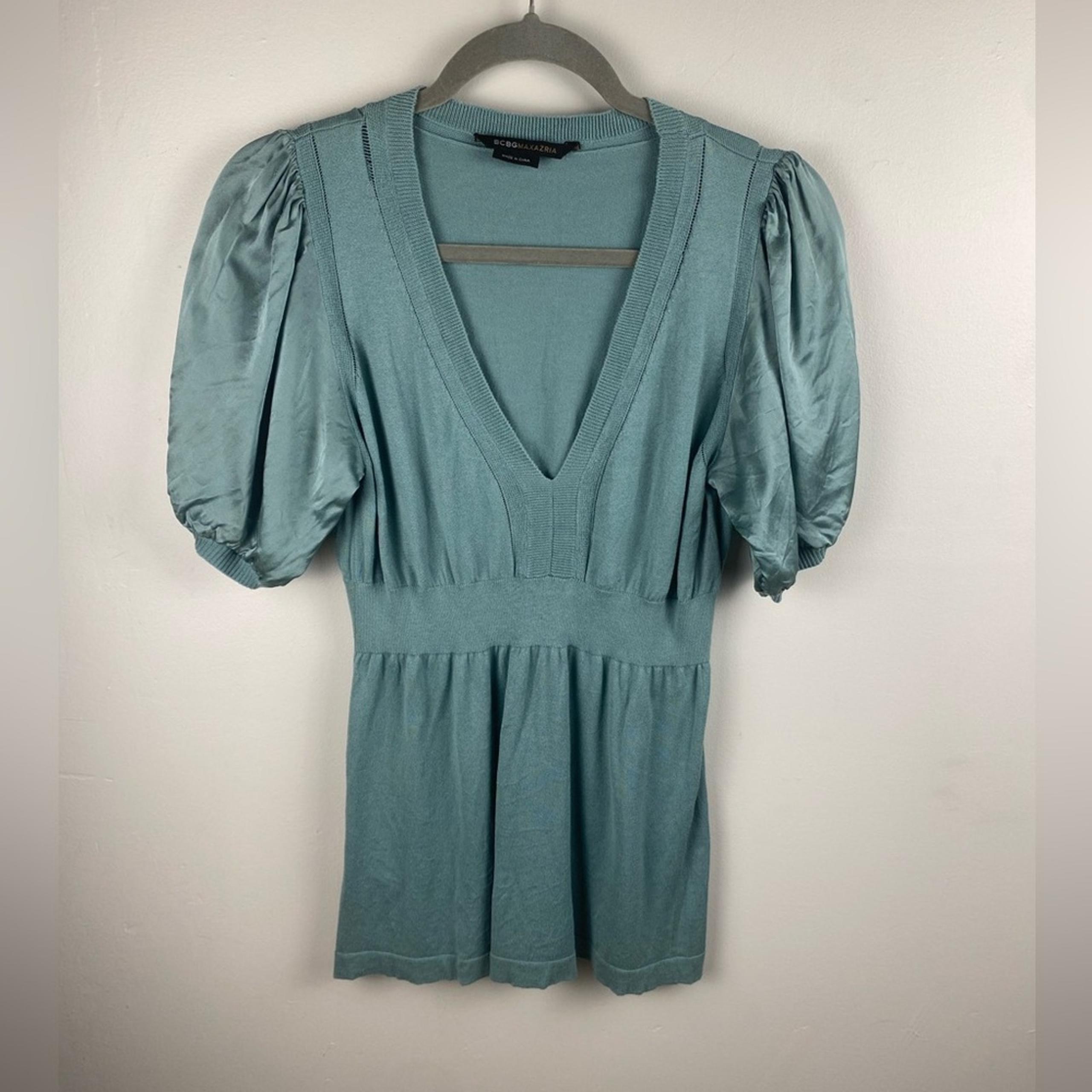 BCBGMaxAzria Green Fit and Flare Puff Sleeve Shirt Top Silk Cotton Medium