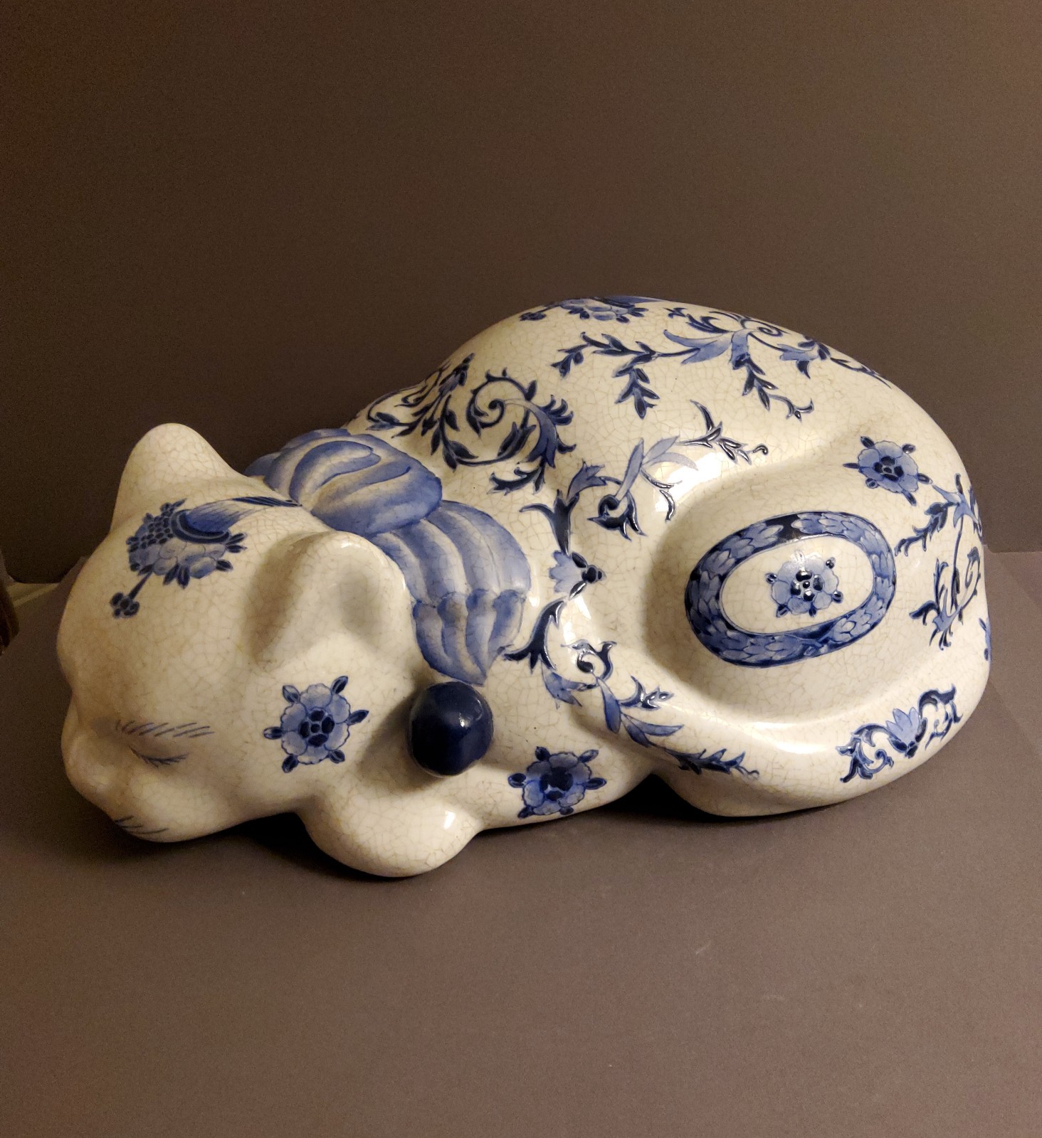 Mid 20th Century Large Chinese Blue and White Floral Porcelain Cat