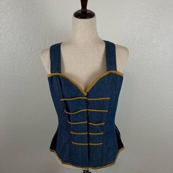 Corset Story Denim Military Shoulder Strap Corset 42” Blue & Gold Lace Up NEW