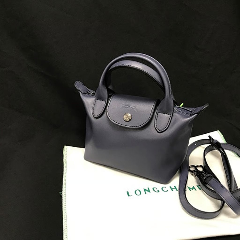 Longchamp Mini Le Pliage Cuir Leather Top Handle Bag Navy