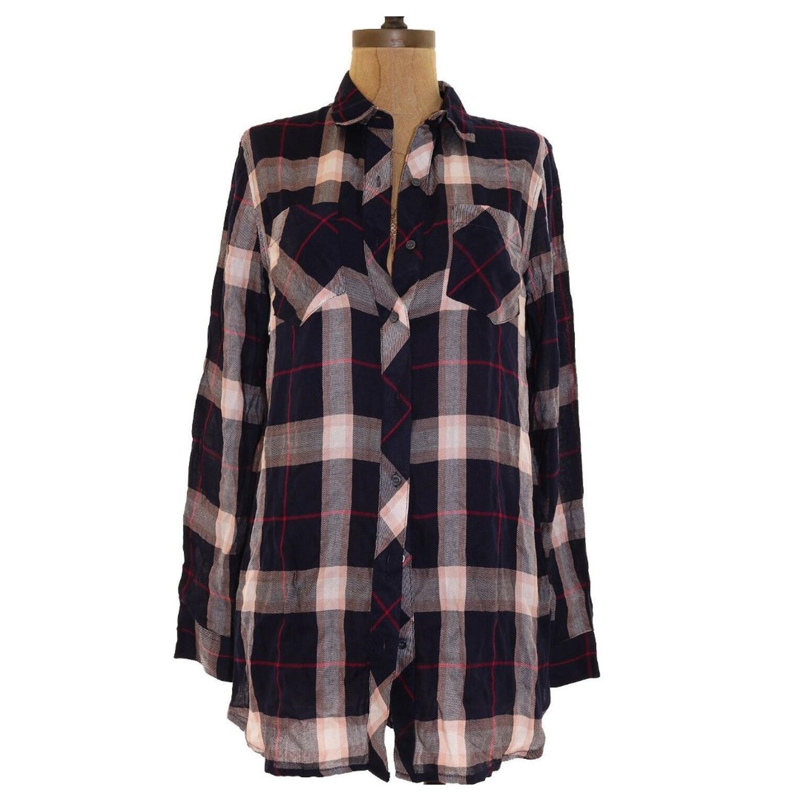 Sandra Ingrish Button Down Top Size S Two Pocket Plaid Shirt Blue NEW Tag B61