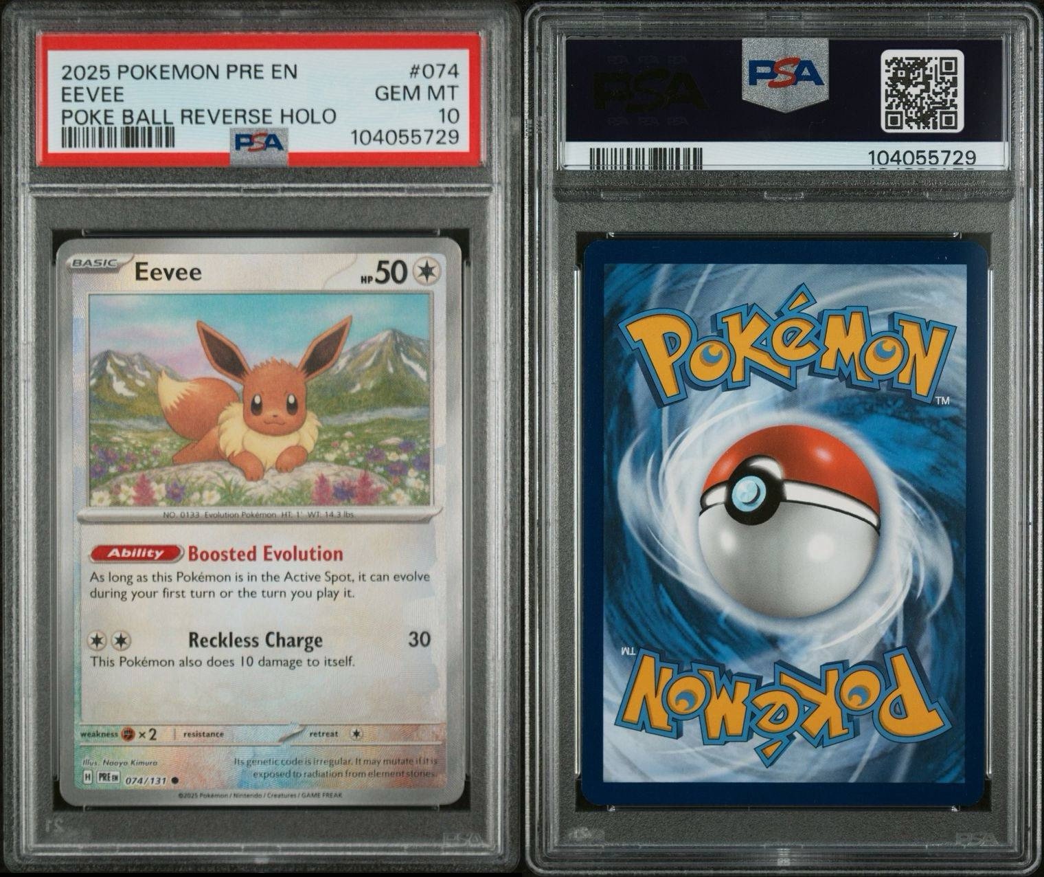 2025 POKEMON PRE EN-PRISMATIC EVOLUTIONS POKE BALL REVERSE HOLOEEVEE #074 PSA10