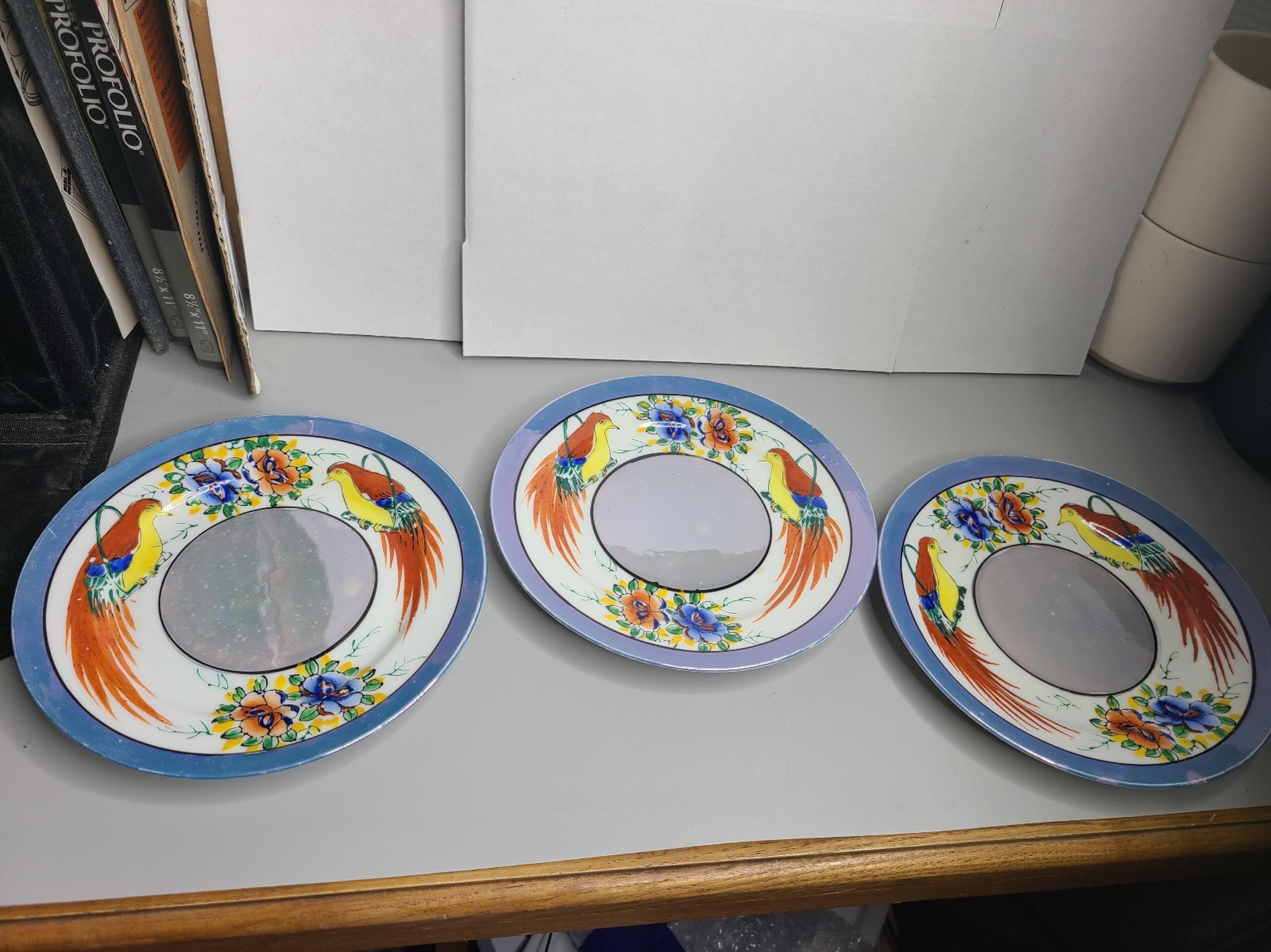 vintage 3  Luster salad plate Birds with floral. silver center 7 1/2” Japan
