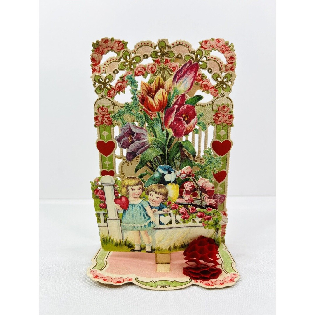 Vintage German Victorian Valentine Card 3-D Pop-Up Hearts Printed in Germany